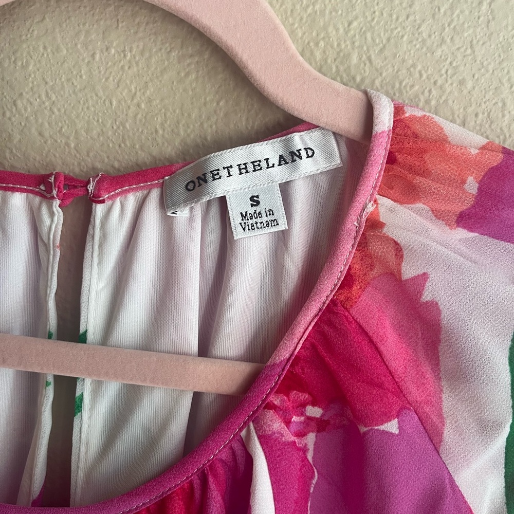 Bright Pink Floral Tiered Casual Dress with Green Accents - Women's - Picture 3 of 9